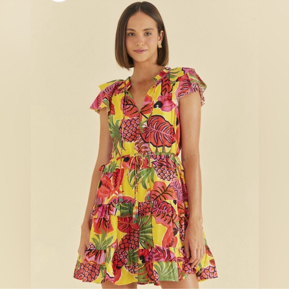 Farm Rio • Ruffle Mini Dress • Yellow Fruit Dream • XS • Beaded Tassels • $180